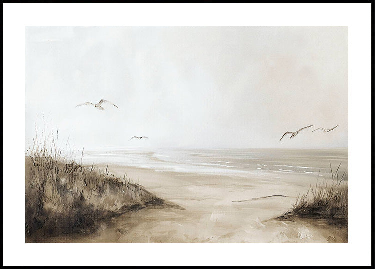 Vintage Neutral Beach Seagulls Painting Poster - Posterbox.dk