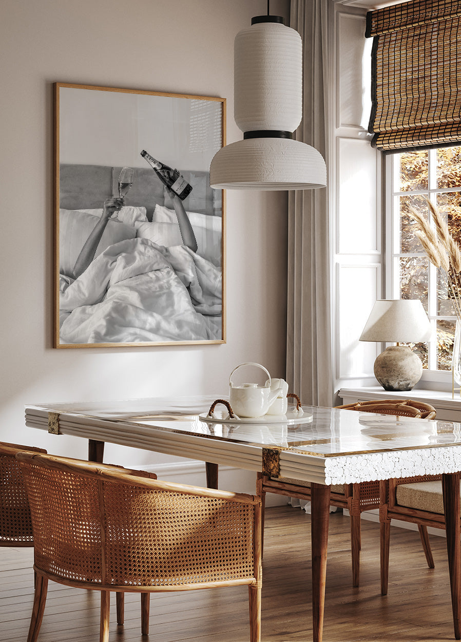 Woman Drinking Wine in Bed Poster - Posterbox.dk