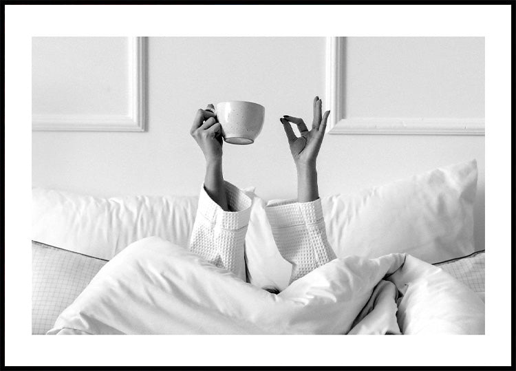 Woman With Coffee Cup On The Bed Poster - Posterbox.no