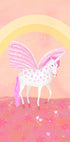 A white unicorn with pink spots stands in a field of pink flowers, with a yellow arch in the background.