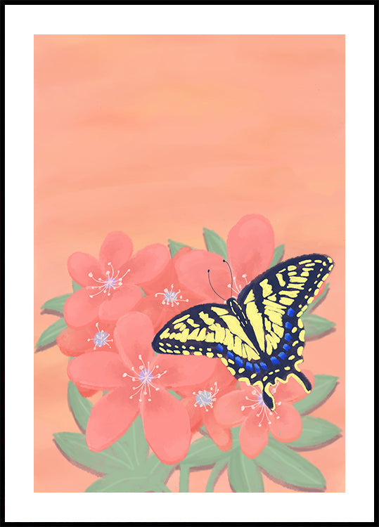 A yellow and black butterfly rests on pink flowers against a peach-coloured background.