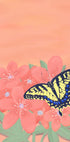 A vibrant digital illustration of a butterfly with yellow and black wings perched on pink flowers against a peach-coloured background.