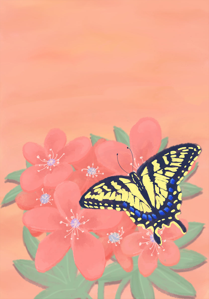 A vibrant digital illustration of a butterfly with yellow and black wings perched on pink flowers against a peach-coloured background.