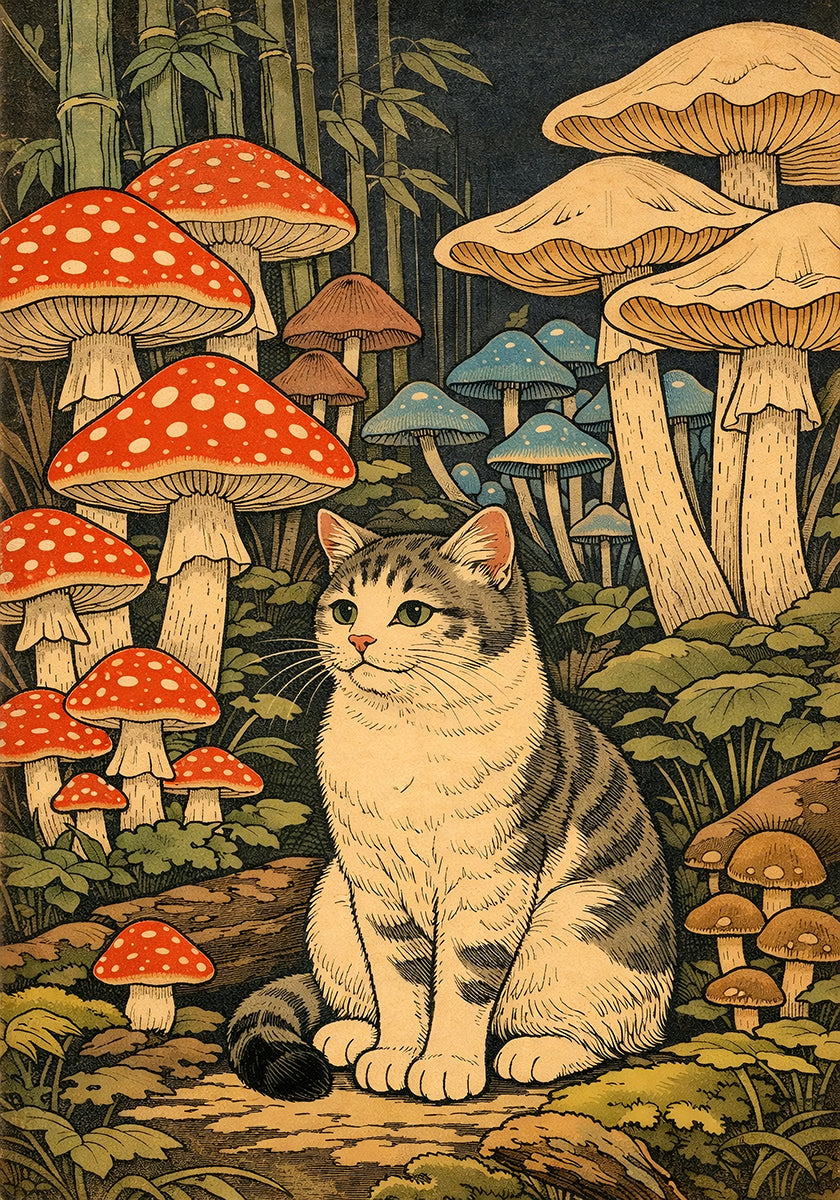 Mushroom Forest Cat Poster - Posterbox