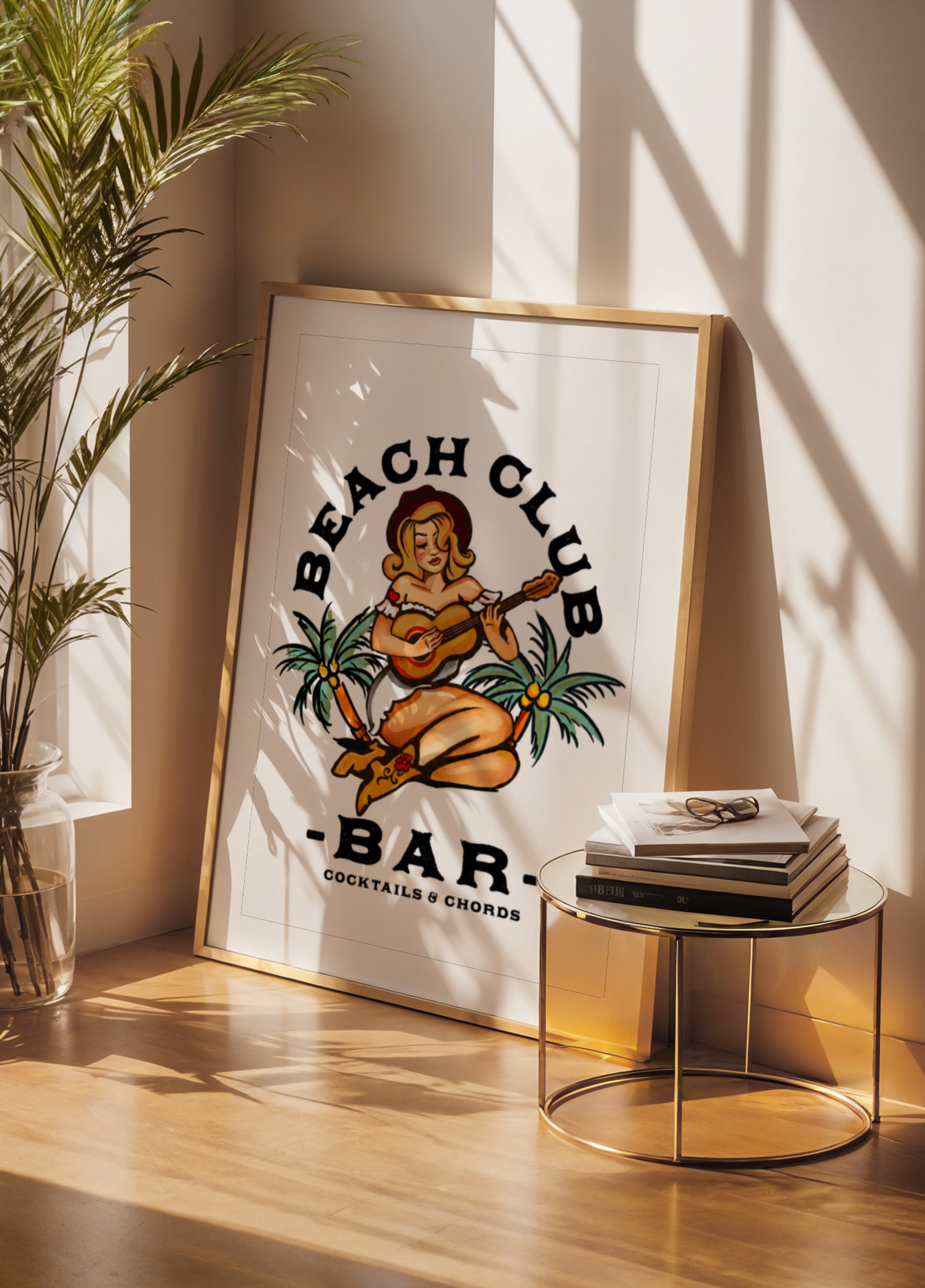 Beach Club Bar. Sailor Jerry Style Pin-up Girl Playing Guitar