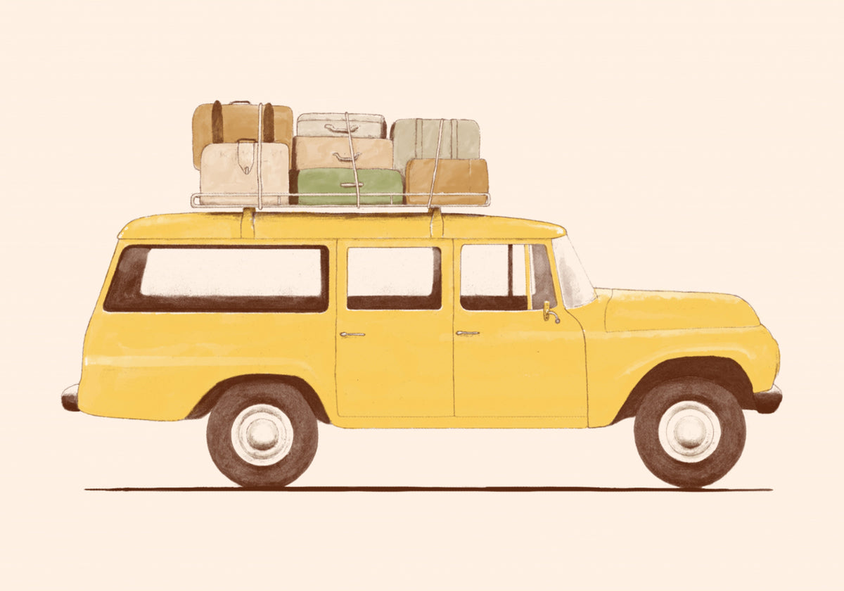 Vintage bil på roadtrip - Posterbox