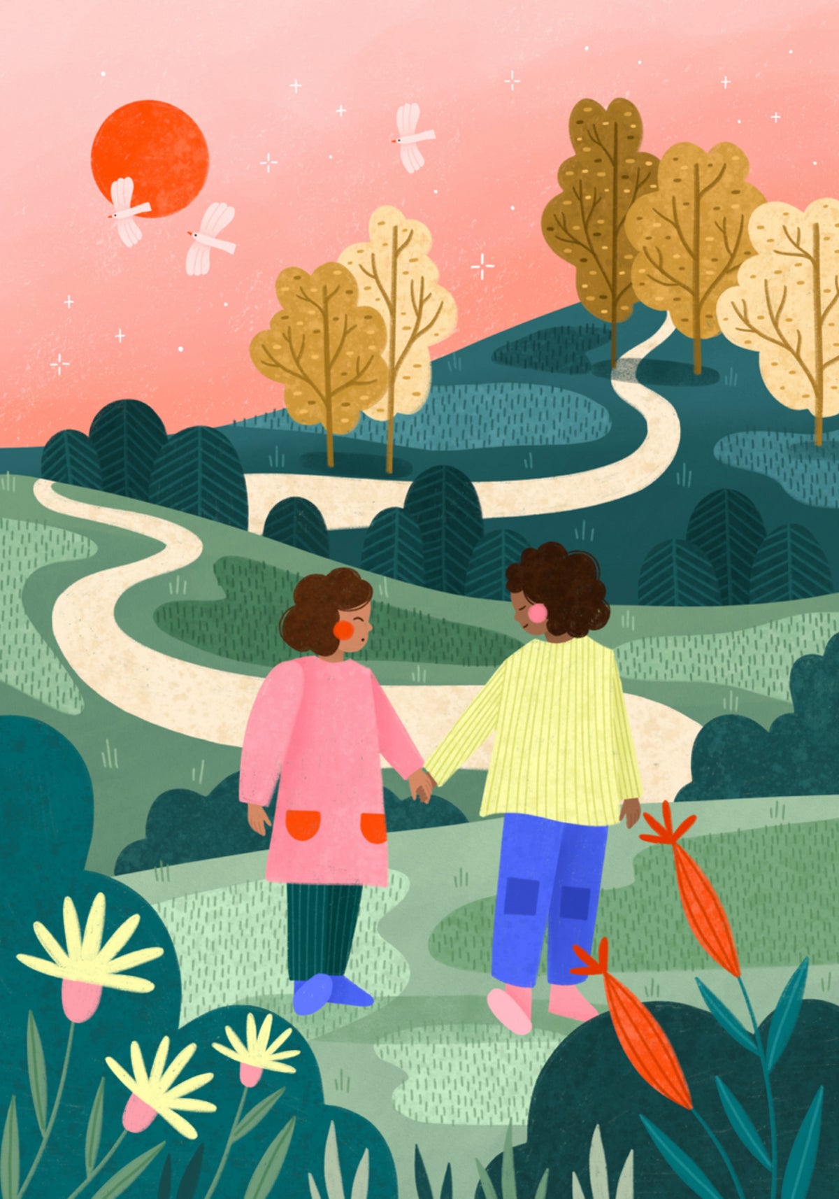 Friends Walking Winding Path