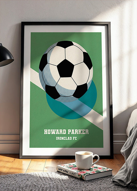 Retro football poster with black and white ball