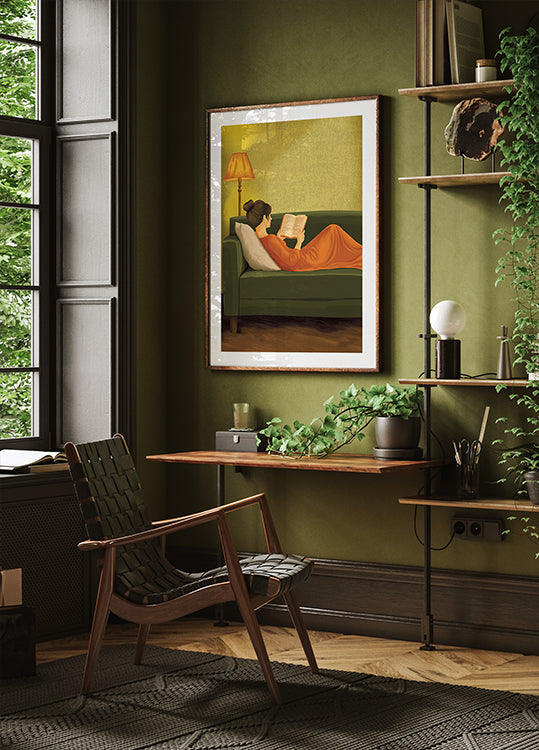 Minimalist Green Portrait Woman Reading | Earth Tones | Vintage European | Bedroom Wall Decor | Female Abstract Print | Book Lover | Emerald - Posterbox