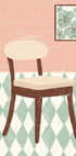 A simple illustration of a wooden chair with a white cushion, set against a pink and green checkered floor and a framed floral artwork on the wall.