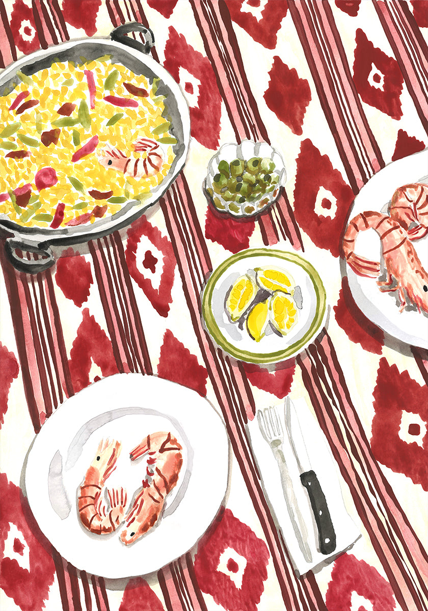 a table set with a variety of food items, including shrimp, vegetables, and a bowl of rice.