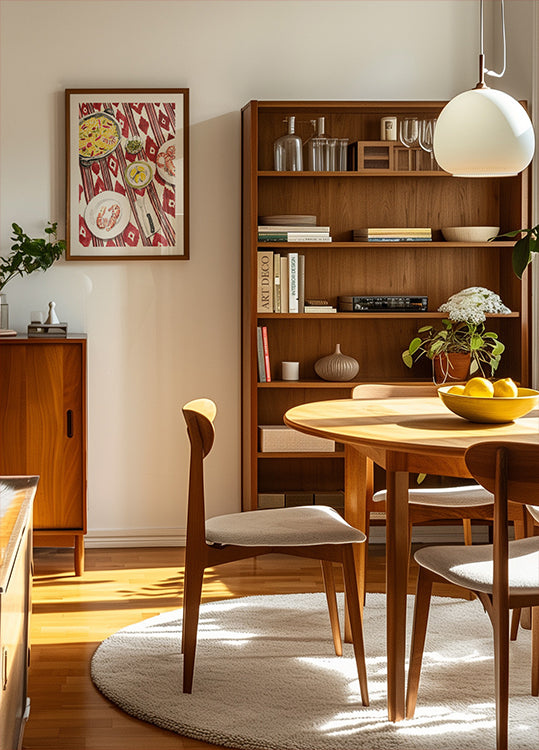 a cozy dining room with a wooden table and chairs, a bookshelf, and a framed artwork on the wall.
