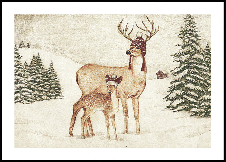 Deer Wearing Cozy Hats Plakat - Posterbox