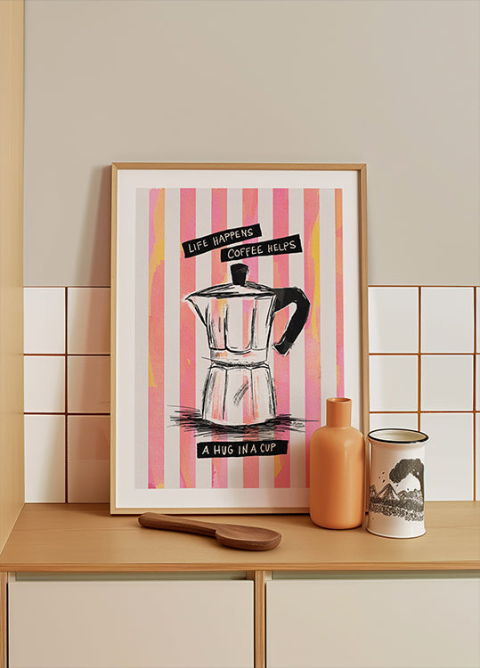 Mocca Coffee on Stripes - Hug in a Cup Poster
