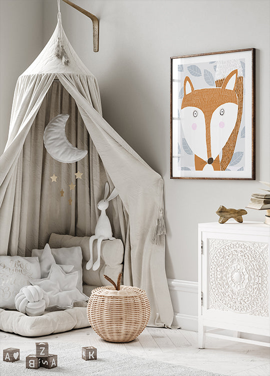 Cute Red Fox with Gray Leaf Pattern by Artist Carla Daly Poster