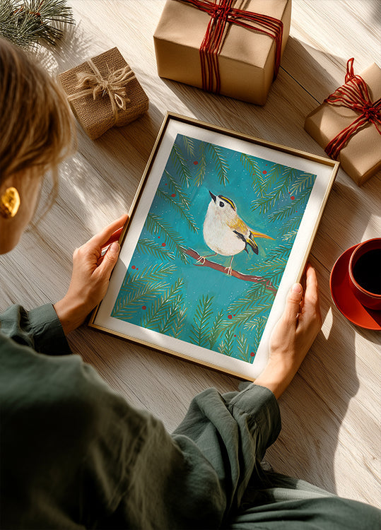 Goldcrest bird sitting in a tree Poster