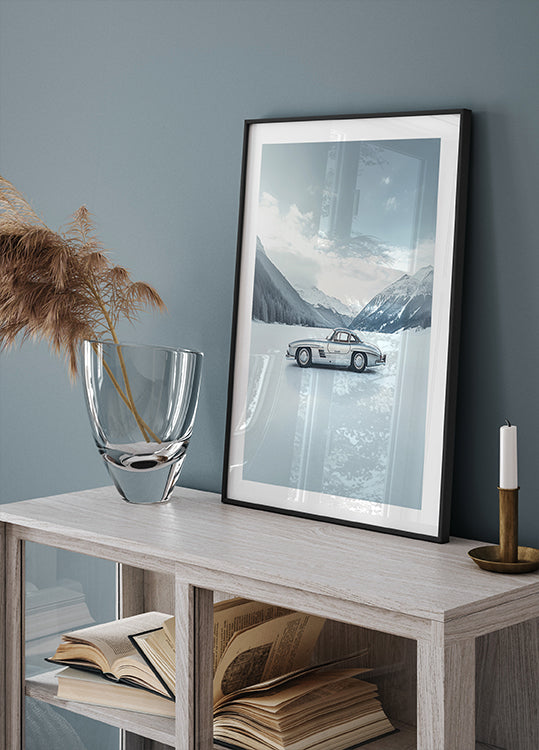 Retro Silver Car On Frozen Lake Side Poster