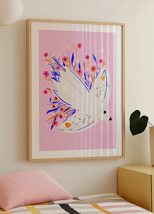 Bird in Flowers Pink illustration Poster