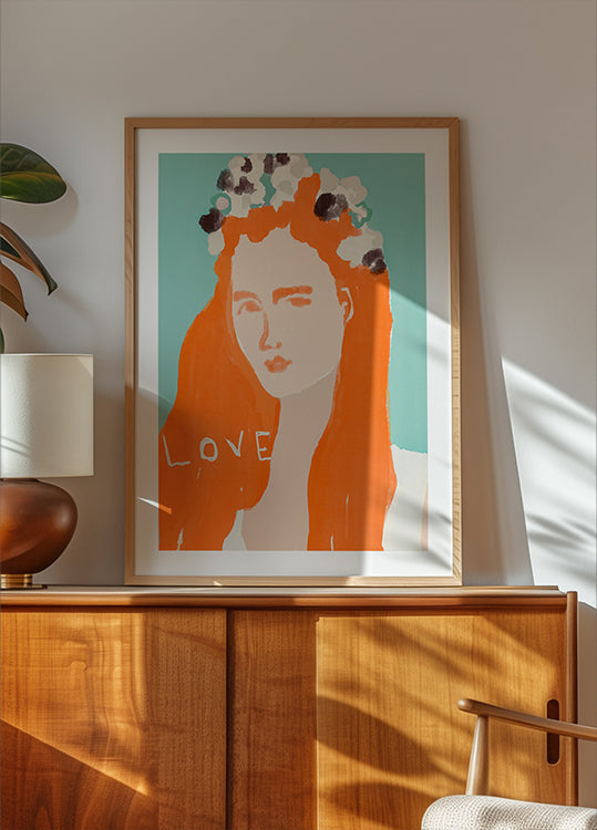 Woman with Orange Hair Adorned with Flowers Poster