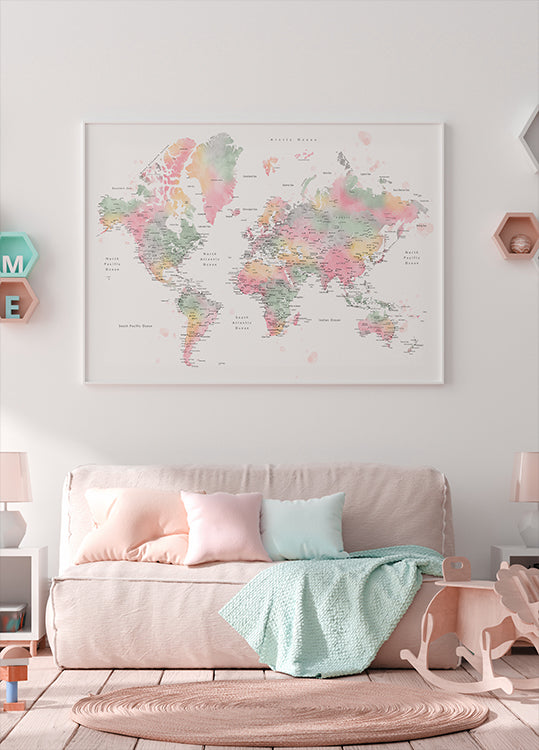 Pastel watercolor world map with cities, Anjah