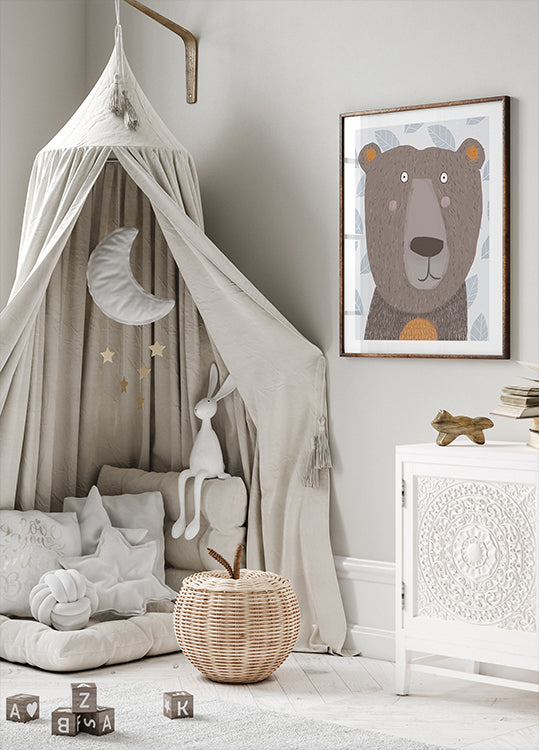 Cute Brown Bear with Gray Leaf Pattern by Artist Carla Poster