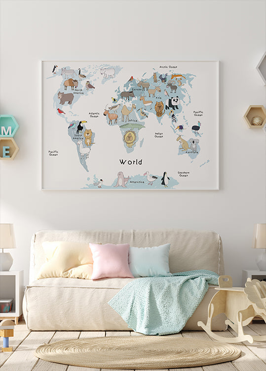 Illustrated Map of the World with Cute Animals Poster