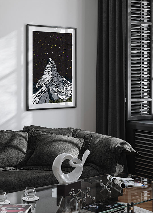 Snowy Mountain Under a Starry Night Sky Poster