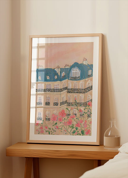Sunset Over Paris Buildings Poster