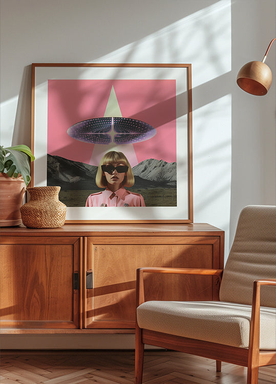 A Woman Standing Beneath a UFO Poster