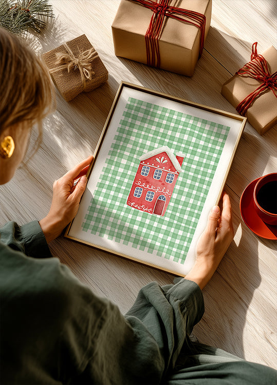 Cute Red Christmas House On Green Checks Poster