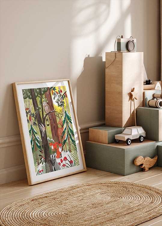 Green Christmas forest with animals Poster