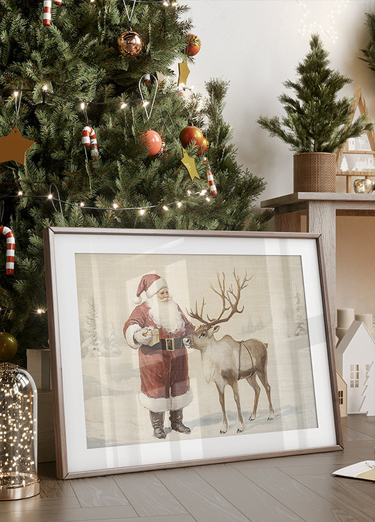 Santa Claus with Reindeer in Winter Wonderland Poster