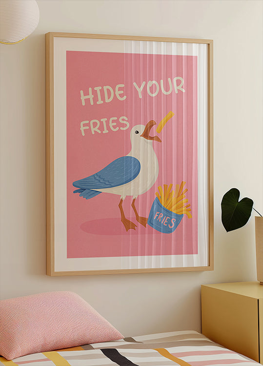 Seagull with French Fries Humorous Illustration Poster
