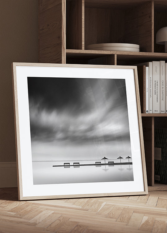 Four Benches and three umbrellas Poster