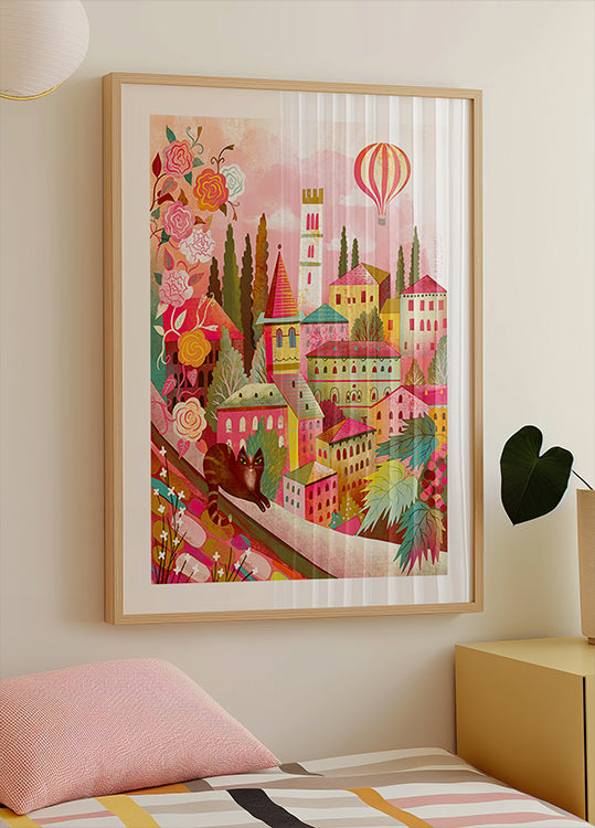 Italian Village With Cat On Wall Poster