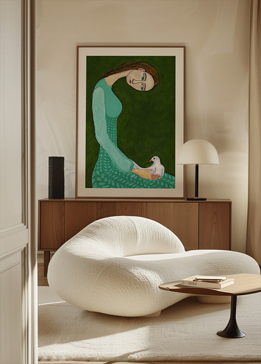 Lady sitting with white dove bird woman Poster