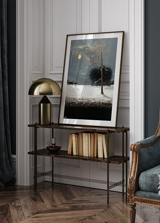 On the Outskirts of a Snowy Evening Forest Painting – Moonlit Winter Landscape Art for Home, Office or Gift Interior Poster