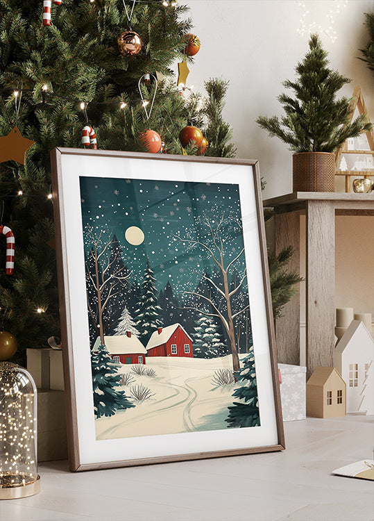 Red Houses and Snowy night sky Poster