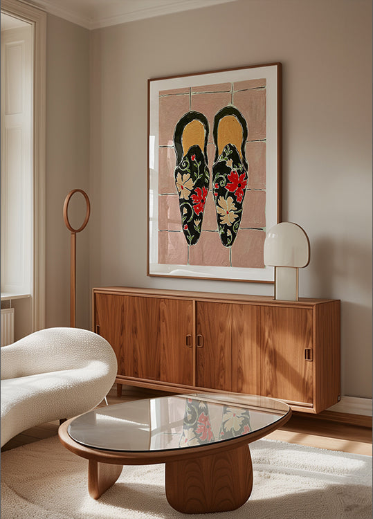 Black Shoes On Pink Tiles Poster