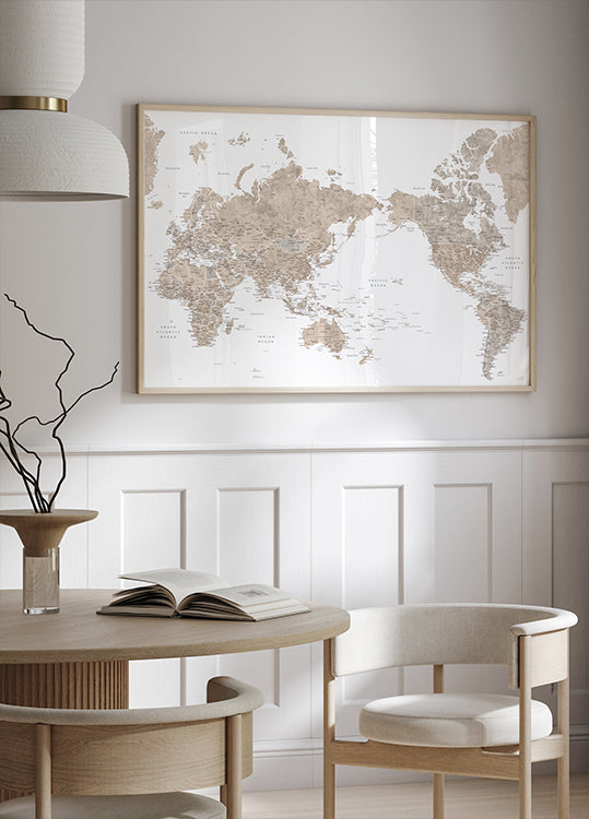 Pacific centered world map in taupe Poster