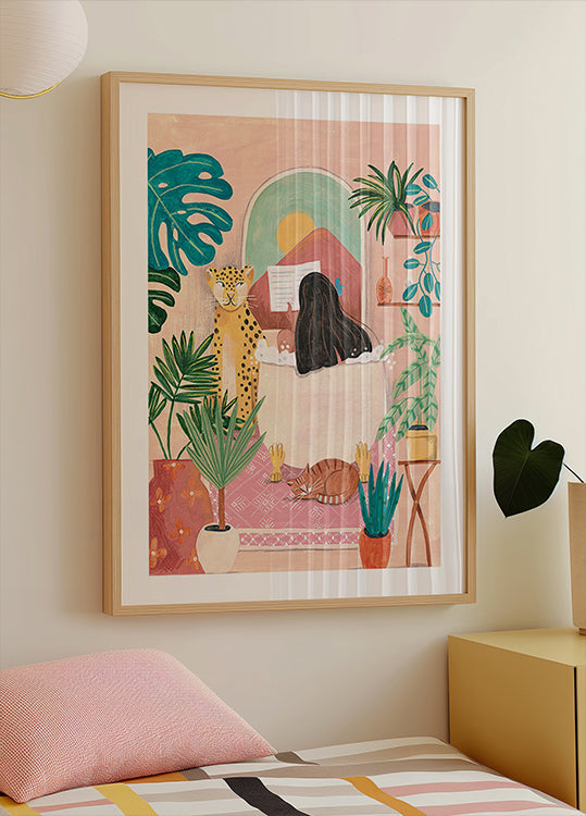 Woman taking bath in pink tropical bathroom Poster