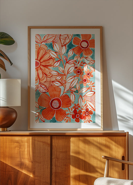 Red Daisies With Aqua Poster