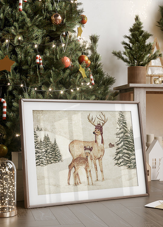 Deer Wearing Cozy Hats Poster