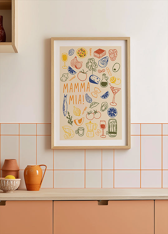 Mamma Mia!, Playful Italian Kitchen With Colorful Food Illustrations Poster
