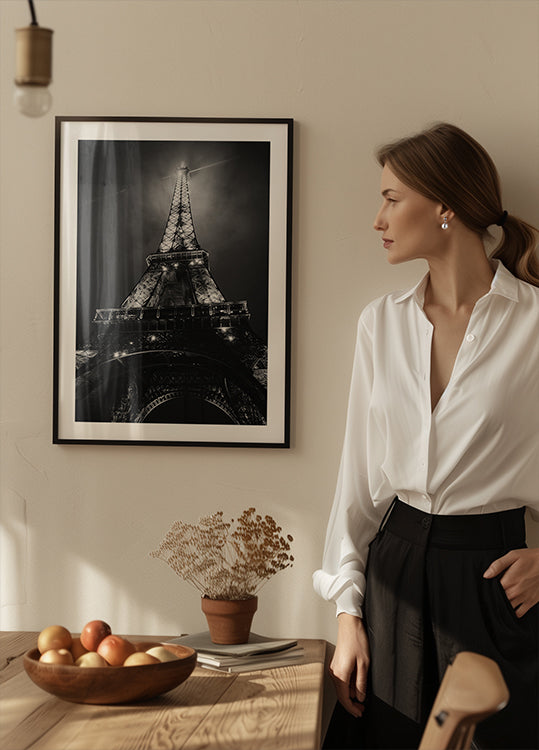 Eiffel Tower Paris Night Black & White Poster