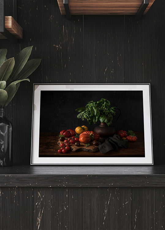 Still life with tomatoes and basil Poster