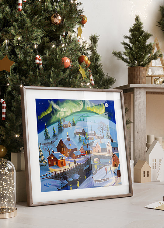 Winter Wonderland Village Under the Northern Lights Poster