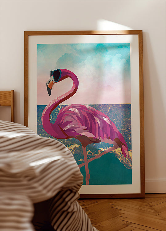Flamingo goes to the beach Poster
