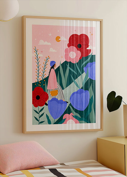 Woman Walking in Flower Garden Poster