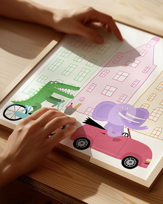 A Crocodile on a Bicycle and an Elephant in a Car Plakat - Posterbox